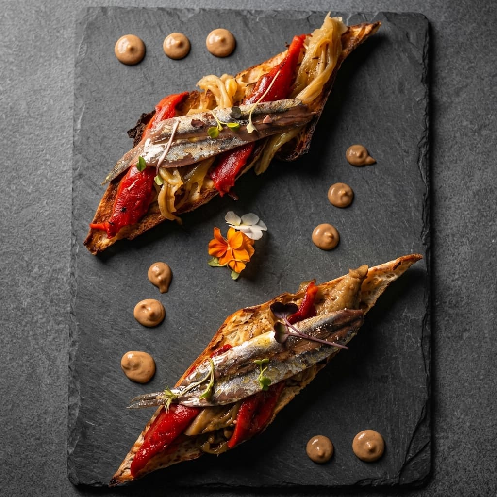 Fotografia gastronòmica de Anxoves del Cantàbric, pa de vidre i escalivada feta al foc a terra (6 filets) - Especialitat de Cal Benito, Lleida